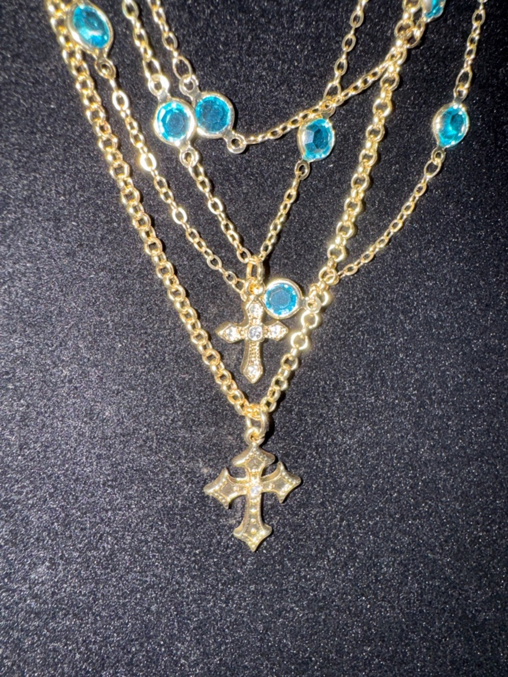 Gold Layered Cross Necklace with Turquoise Crystal Gems NIB - Picture 4 of 9